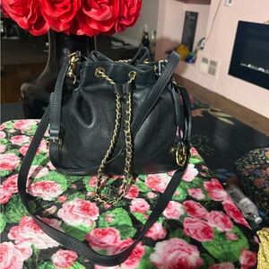 Elegant Black Leather Drawstring Bag